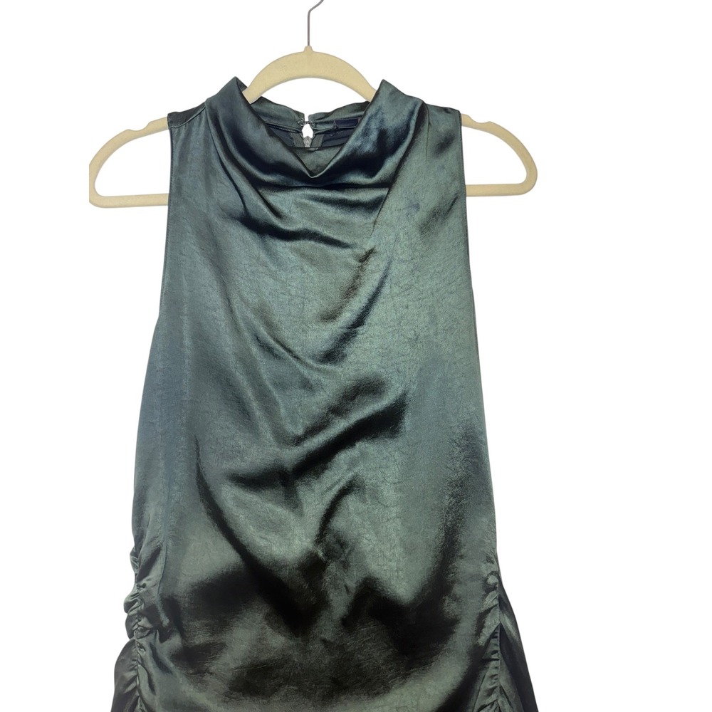 Grade & Gather Satin Mock Neck Ruched Midi Dress Dark Green Sleeveless Large - Picture 4 of 11